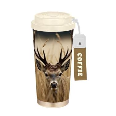 Imagem de Blueangle Caneca de café de viagem com isolamento de veado de campo de trigo - copo de aço inoxidável à prova de vazamento e derramamento para acampamento e ar livre, garrafa de água reutilizável de