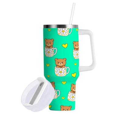 Imagem de ATTX Copo fofo de ursinhos Kawaii de 850 g com alça - Caneca de viagem de aço inoxidável isolada a vácuo, xícara de café à prova de vazamento com canudo #840