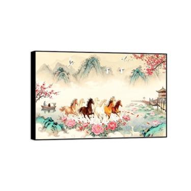 Imagem de BMZFYBS Imagem em tela de paisagem de arte de parede chinoiserie - flores de montanha cavalo pássaros - pintura chinesa - impressões em moldura preta para decoração de casa 30 x 45 cm 12 x 18 pol