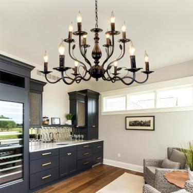 Imagem de Lustre preto E14 para sala de estar, luminária de teto metálica com 12 lâmpadas, dupla camada, em ferro, estilo clássico moderno retrô industrial, ideal para iluminação de teto em restaurant