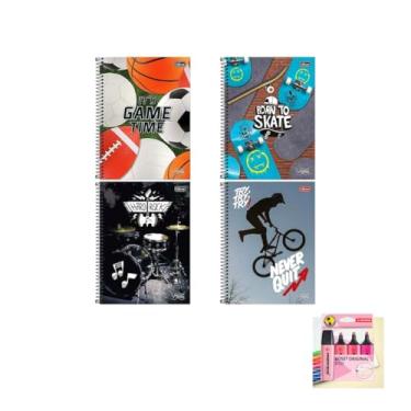 Imagem de Kit Caderno Universitário Vibe Masc 160 Folhas Tilibra Caneta Spiro 24 Unidades e Marca Texto Boss 4 Cores