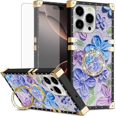 Imagem de Asuwish Capa de telefone para iPhone 16 Pro Max 6,9 polegadas capa magnética com protetor de tela de vidro temperado e anel de flor de pintura suporte rígido i Phone16 16Pro i16 ProMax 16ProMax