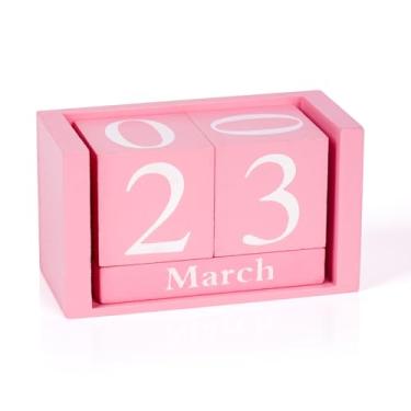 Imagem de GDYOOSHOW Calendário de blocos de mesa de madeira perpétuo, pequeno, preto, exibição de data do mês (rosa)