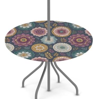 Imagem de Toalha de mesa para uso ao ar livre com orifício para guarda-chuva, toalha de mesa floral floral de mandala com zíper oculto, capa de mesa elástica para piquenique primavera verão capa de mesa de