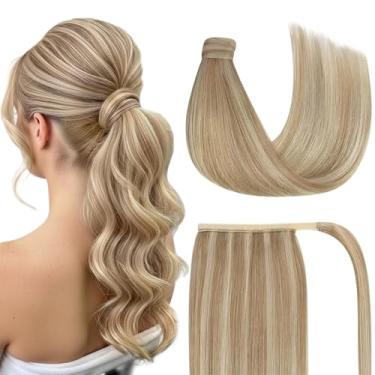 Imagem de Ve Sunny Extensão de Rabo de Cavalo Cabelo Humano Real para Mulheres Clipe em Rabo de Cavalo Extensão de Cabelo Liso Pedaços de Cabelo Liso Loiro Cinza Escuro Destaques Loiro Dourado 40.6 cm 80G