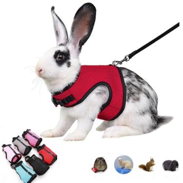 Imagem de Conjunto de arnês e coleira para furões, à prova de fuga, colete de malha de coelho macio, fivela ajustável para coelhinho, porquinho-da-índia, hamster, caminhar, animais pequenos, rato, vermelho, M