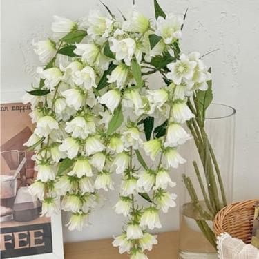 Imagem de Flores artificiais com haste de lírio do vale de 98 cm, 4 peças de flores artificiais penduradas de lírio do vale, flor de seda falsa, campainha, campainha, para mesa de jantar, centro de mesa (branca
