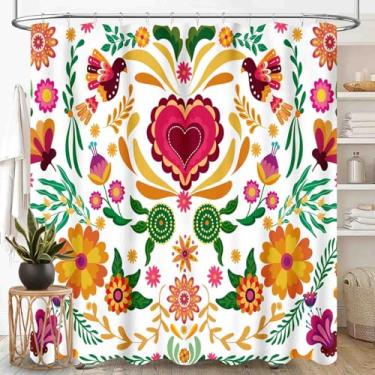 Imagem de TKUYO Cortina de chuveiro mexicana Fiesta, pássaros florais mexcianos coloridos tradicionais Cinco De Mayo Dia De Los Muertos Boho Farmhouse Conjunto de cortina de chuveiro de banheiro tecido