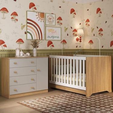 Imagem de Berço Americano 3 em 1 com Cômoda 1 Porta 4 Gavetas Encanto Multimóveis Mp4683 Madeirado/off White