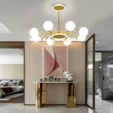 Imagem de Lustre Sputnik Dourado, Lustre Moderno de Meados do Século XX, Luminária de Teto com Decoração em Cristal, Luminária Pendente com Cúpula de Vidro Branco Leitoso para Sala de Estar, Cozinha,