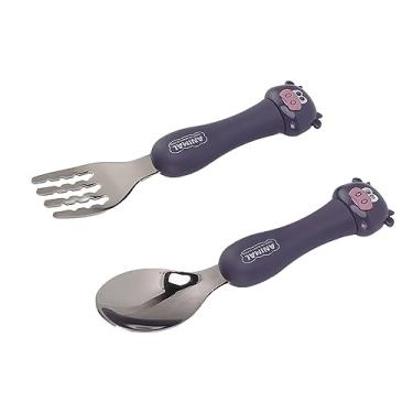 Imagem de Cryfokt Conjunto de Colher Garfo de Desenho Animado para bebê, Talheres de Aço Inoxidável para Crianças, Talheres Ergonômicos para Crianças (Vaca)