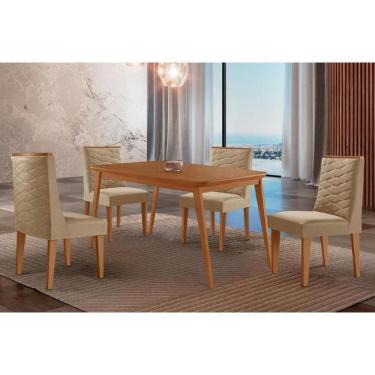 Imagem de Sala Jantar Mesa Havana Tampo Curvo 120cm+4 Cadeiras Dafne Madeira Naturale - Capuccino/Linho Bege - Rufato