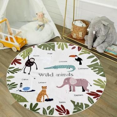 Imagem de Lacomfy Tapete infantil com estampa de animais selvagens, 1,8 m, redondo, selva, zoológico, lavável, antiderrapante, tapete educativo para quarto, berçário, sala de jogos