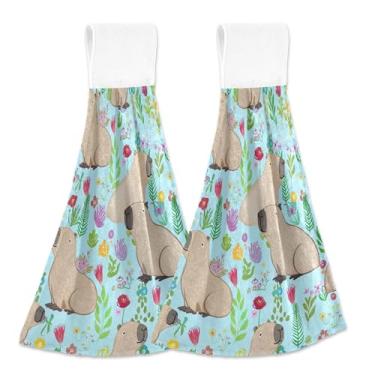 Imagem de Toalhas de cozinha com laço para pendurar lindas capivaras flores coloridas conjunto de 2 toalhas de banheiro, decoração de cozinha moderna macia absorvente, 46 x 35 centímetros