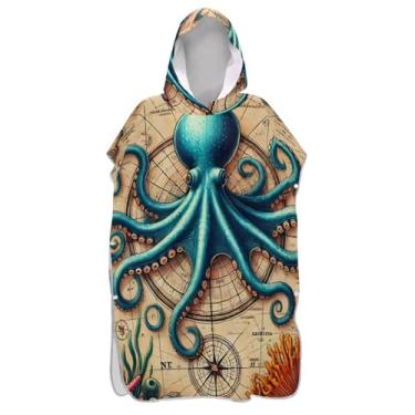Imagem de TSENQUE Poncho de surfe com estampa de arte polvo para adultos trocador plus size ponchos femininos com capuz estampa de toalha de praia