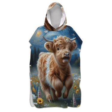 Imagem de TSENQUE Highland Cow Bezerro Flores Surf Poncho Trocador Roupão para Adultos Praia Banho Com Capuz Toalhas Vestíveis Homens Mulheres Poncho com Capuz
