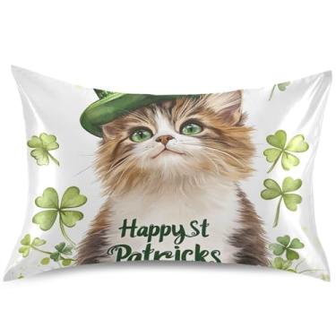 Imagem de Capa de almofada de cetim de São Patrício Trevo de Gato Fofo King Queen Standard Slip Comfort Cooling Pillow Covers Bedding Slip, King Size, 101,6 cm x 50,8 cm