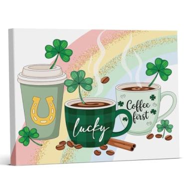 Imagem de Arte de parede da cozinha do Dia de São Patrício, impressão de arte de parede Shamrock Coffee First Canvas Picture Painting Irish Green Wall Decor for Home Kitchen Cafe Bar 20 x 25 cm emoldurado