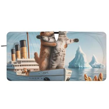 Imagem de Funny Cats Titanic Kitten Guarda-sol personalizado para para-brisa de carro bonito dobrável acessórios de carro persianas para-brisa frontal, 81 cm x 157 cm