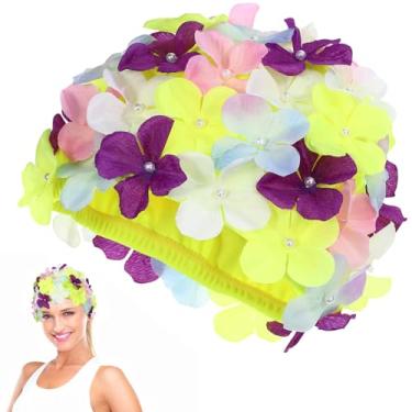 Imagem de SAFIGLE Touca de natação floral para mulheres, chapéu de natação elegante com design de flores 3D, tamanho G, bonés coloridos para natação e lazer