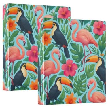 Imagem de Fichários de plantas tucanas flamingos rosa 3 cm comporta 200 folhas de pastas modernas portfólio anel redondo fichário resistente, 31,5 x 27 x 6 cm, pacote com 2