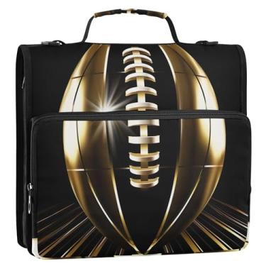 Imagem de Fichários profissionais de 3,8 cm com 3 anéis resistentes com estampa de futebol dourado com zíper, pasta de armazenamento com alça e bolsa escolar