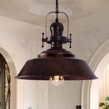 Imagem de dareyu Luminária pendente de cobre 35,5 cm Iluminação de ilha de cozinha de fazenda Lâmpada suspensa industrial Luzes pendentes grandes rústicas para sala de jantar bar varanda restaurante hall de