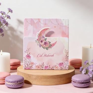 Imagem de Cartões de dinheiro 3D Eid Mubarak com três dobras, porta-cartões de presente de dinheiro da sorte, 24 x 10 cm, design de lua rosa e roxa em aquarela, cartão comemorativo, decoração Eid para crianças