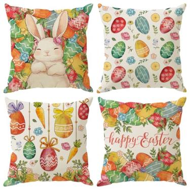 Imagem de ZAEW Conjunto de 4 capas de almofada de ovos coelhinho cenouras coelho Páscoa conjunto de 4 decorações para casa de fazenda sofá sofá capa de almofada festa decoração de férias 45,7 x 45,7 cm