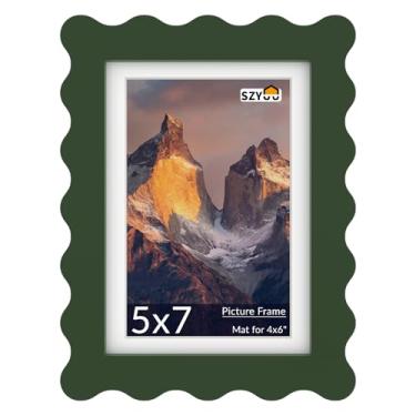 Imagem de SZYUU Porta-retrato ondulado 12 x 17 cm com tapete para 10 x 15 cm, moldura de vidro real e madeira - moldura para pendurar na mesa ou na parede (pacote com 1, verde)