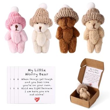 Imagem de TOYMIS 4 Mini Ursos de Pelúcia em Caixa, Ursinho Preocupado com Cartão Inspirador Lembrança Inspiradora para Crianças e Amigos no Dia dos Namorados (Marrom, Café, Branco, Rosa)