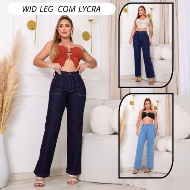 Imagem de Calça Jeans Wide Leg Feminina Com Lycra - Felly, Azul, Escuro, 44