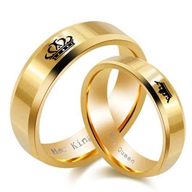 Imagem de Uloveido Conjunto de alianças de noivado de casamento de titânio inoxidável combinando com 2 peças His Queen and Her King, presentes para casais dos namorados, Metal, Zircônia cúbica