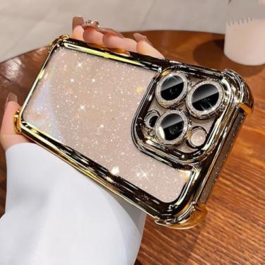 Imagem de Capa de silicone transparente com glitter de luxo para iPhone 13 12 11 14 15 16 17 Pro Max Air 16 Plus com revestimento em TPU à prova de choque e airbag (para iPhone 17 Pro Max/Dourado)
