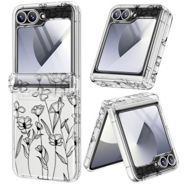 Imagem de GVIEWIN Capa para Samsung Galaxy Z Flip 6 com proteção de dobradiça, protetor de tela frontal embutido, floral transparente à prova de choque, capa de telefone rígida PC feminina, Esboço/Preto