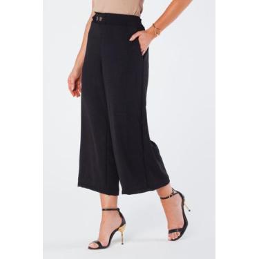 Imagem de Calça Pantacourt Elástico Traseiro Bolso Faca Botões Decorativos Preta