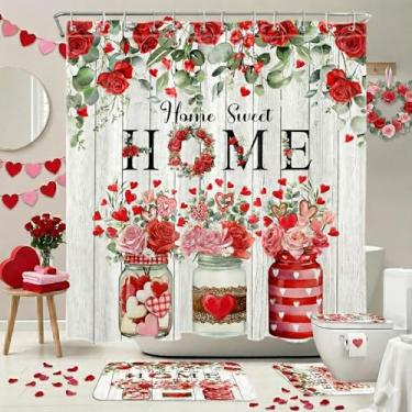 Imagem de YRWSU Conjunto de 4 peças de cortina de chuveiro para casa doce lar rosa coração decoração de banheiro frasco de pedreiro floral amor tapete de banheiro capa de tampa de vaso sanitário e tapete com 12