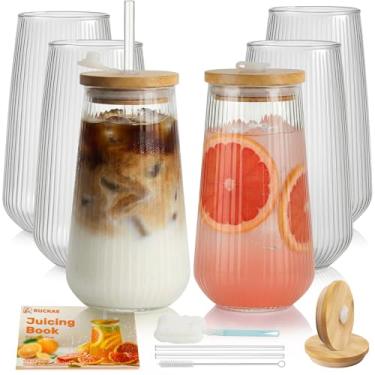 Imagem de Ruckae Copo de vidro de 450 ml com tampa de bambu e copo de café gelado reutilizável com tampa, copo de smoothie, copo portátil ecológico - copo de água transparente para escritório, casa, viagens (6)