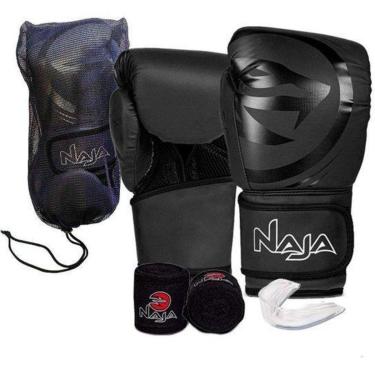Imagem de Kit Naja Luva Boxe+Bandagem+Produtor Bucal-Preto/Preto-Tam 14Oz-Unissex