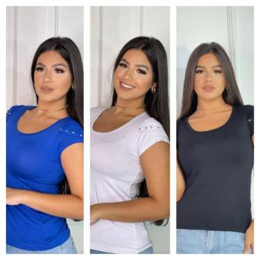 Imagem de Kit 3 blusas Femininas detalhe na Manga - GK TODA BELA, Royal, Branco,