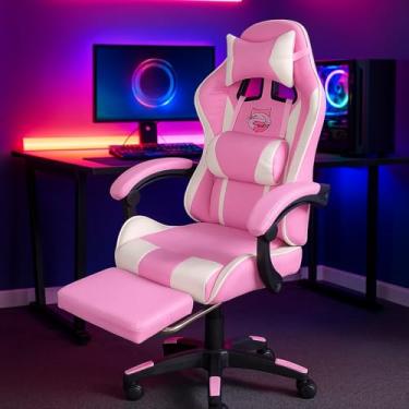 Imagem de Cadeira Gamer Ergonômica com Apoio para os Pés, Reclinável, Moldada, com Almofadas para Pesçoco e Lombar (Branca Rosa)