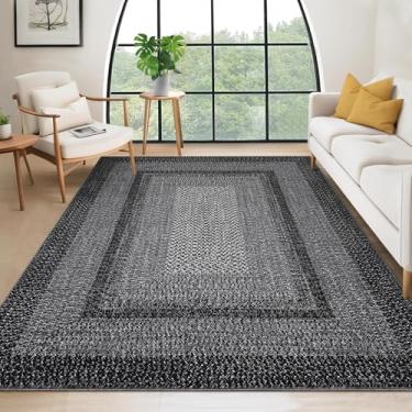 Imagem de RUGSREAL Tapete lavável de 20 x 25 cm para sala de estar com suporte de borracha, boho, resistente a manchas, grande, tapete geométrico, moderno, geométrico, para decoração de casa, escritório, preto