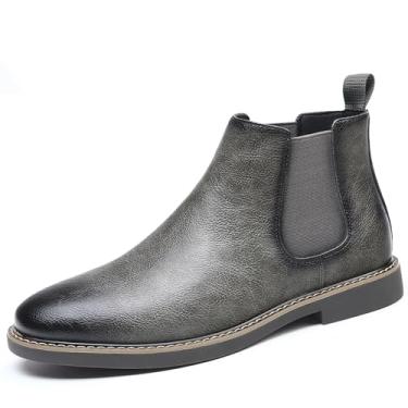 Imagem de Chelsea Botas masculinas casuais confortáveis sem cadarço, cano baixo, bico redondo, couro PU, elegante, cano alto, sapatos de trabalho, Cinza, 39 BR