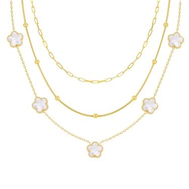 Imagem de Colar feminino em camadas de ouro - 3 peças de colares florais banhados a ouro 18K, corrente de elos cubanos empilháveis de aço inoxidável, joias modernas, gargantilhas de espinha de peixe, presentes