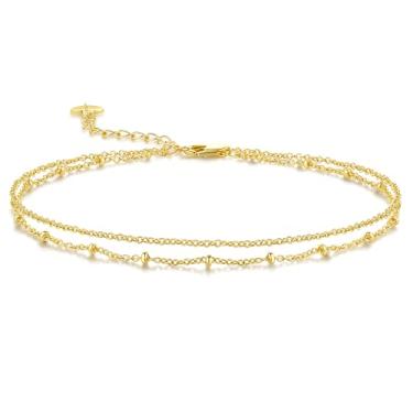 Imagem de BENOITE Tornozeleiras de ouro 14K para mulheres, tornozeleiras de ouro para mulheres, estrutura de corrente dupla refinada, tornozeleira feminina de 28 cm (24 + 5) centímetros