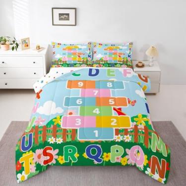 Imagem de jejeloiu Conjunto de edredom infantil solteiro com alfabeto ABC, colorido, educativo, para decoração de quarto de crianças, meninos, meninas, microfibra, ultramacia, respirável