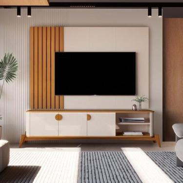 Imagem de Rack Com Painel Ripado Para TV Até 70 Polegadas Em MDF Off White/Natur