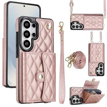 Imagem de Capa para Samsung Galaxy S26 Ultra, capa carteira para celular com compartimentos para cartões e suporte, capa antiqueda com bloqueio de RFID, bolsa com pulso removível e alça longa para mulheres