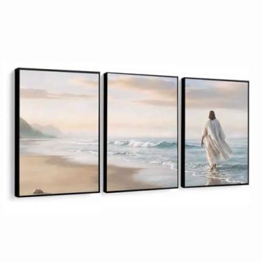 Imagem de Kit 3 Quadros Decorativos Jesus Cristo Mar Fé Sala Moldura (Moldura Preta, 40x60)