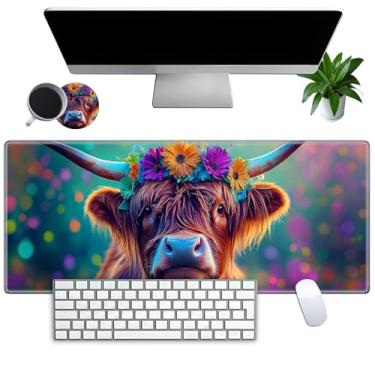 Imagem de Tapete de mouse grande para jogos GG 80 x 30 cm + porta-copos - Tapete de mesa estendido com bordas costuradas, base de borracha antiderrapante, mouse preto para laptop, PC, escritório e casa, flor de